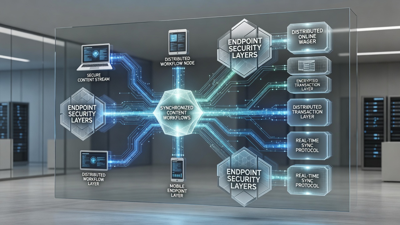 Illustration of content workflow synchronization between multiple secure endpoints in an online wagering platform
