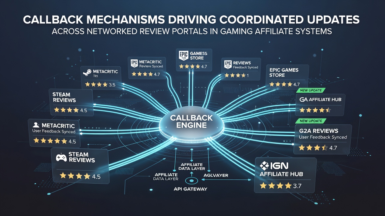 Networked review portals showing synchronized content updates through callback mechanisms in gaming affiliate systems