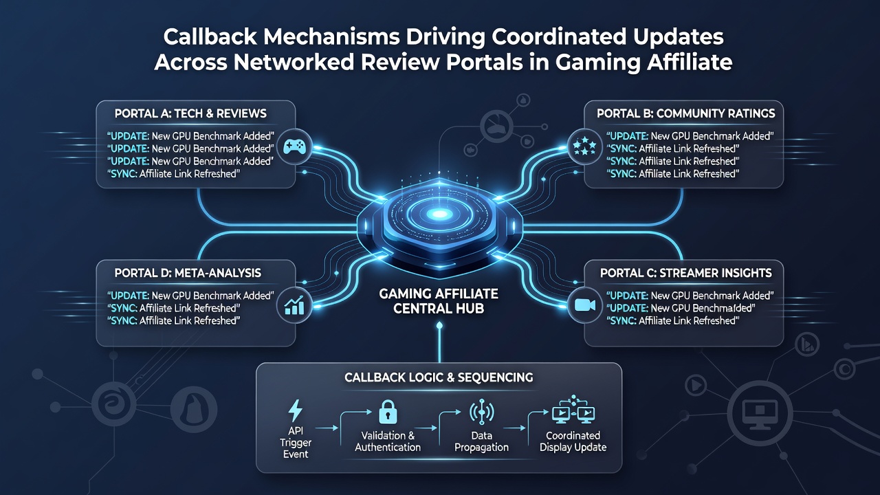 Technical diagram illustrating callback flow between multiple gaming review portals and affiliate databases