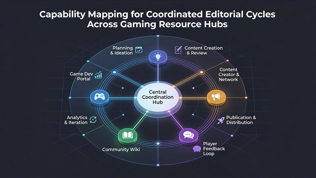 Detailed view of editorial cycle stages integrated with capability mapping layers for gaming content networks