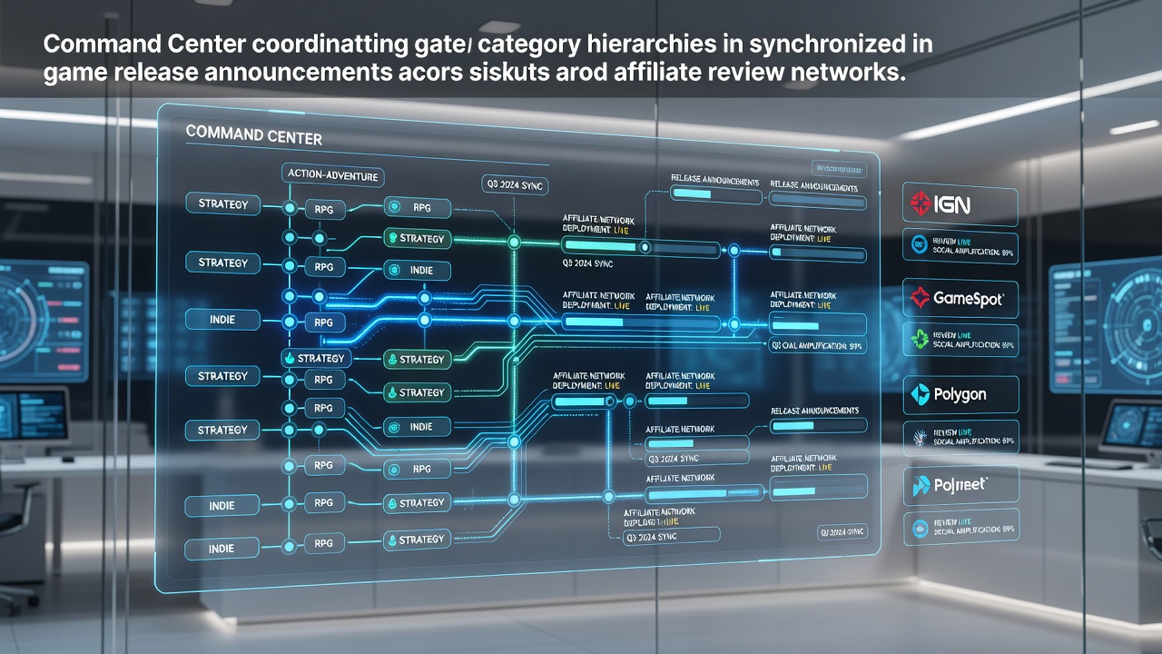 Network diagram showing interconnected category hierarchies across multiple affiliate review sites for game releases