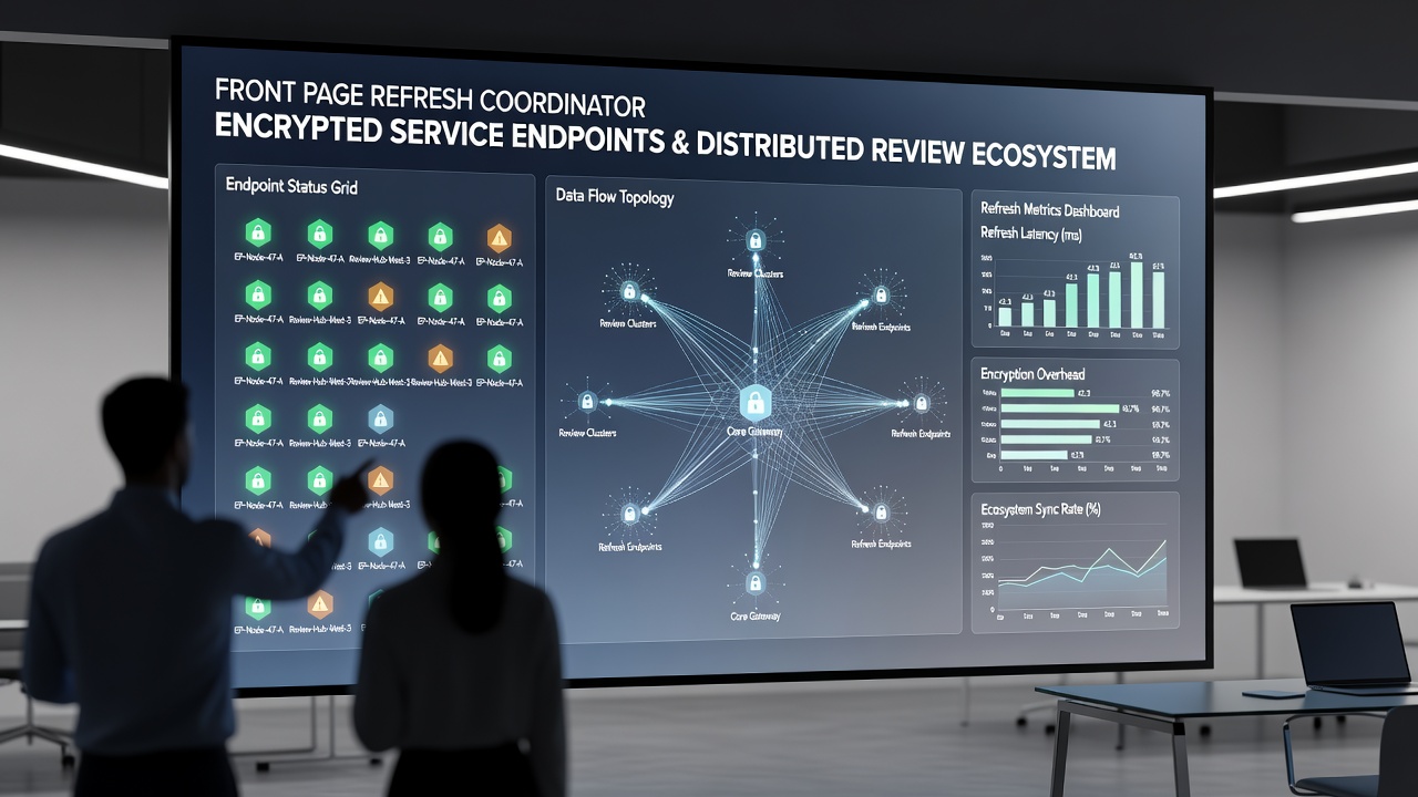 Encrypted endpoint infrastructure supporting coordinated homepage updates in review networks