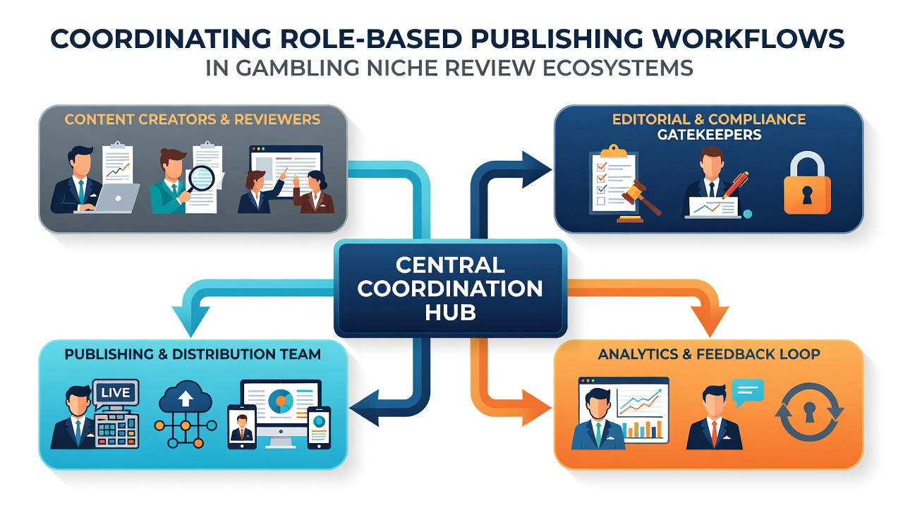 Diagram showing role assignments and workflow stages across multiple casino review sites in a distributed publishing network