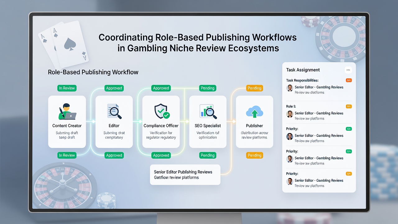 Screenshot of a role-based workflow dashboard used by editors managing multiple gambling review sites