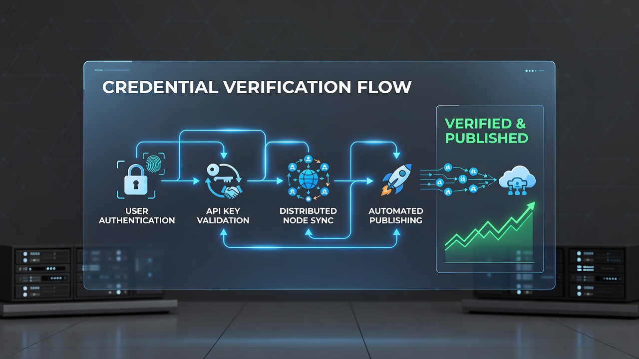 Flowchart showing secure token exchange between distributed betting platforms during automated content publishing