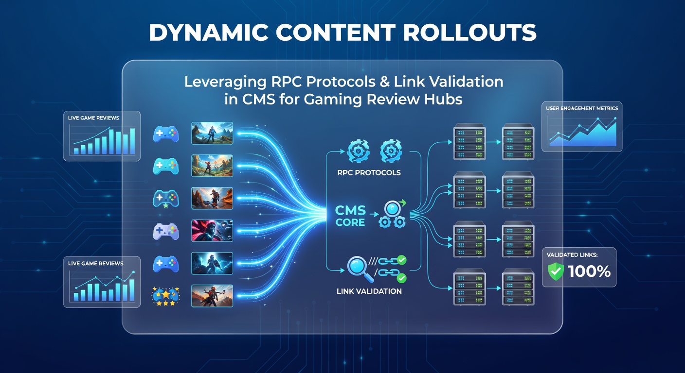 Diagram illustrating dynamic content rollout process in a CMS dashboard for gaming review sites, showing RPC calls and link validation flows