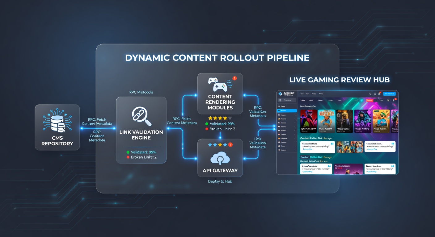 Visual representation of RPC protocol flow in a CMS environment, highlighting link validation checkpoints and dynamic content propagation for gaming reviews