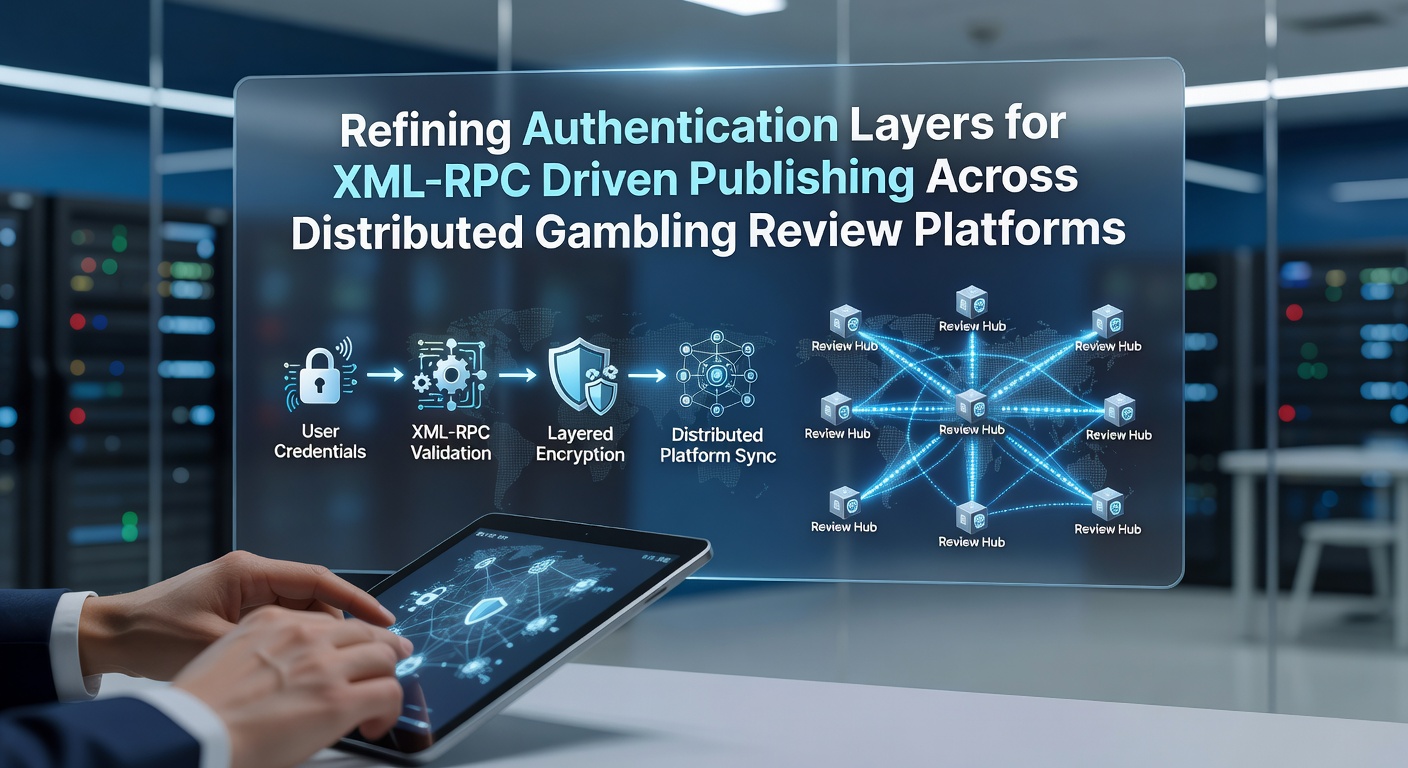Technical diagram illustrating XML-RPC authentication workflows connecting multiple gambling review sites in a distributed network