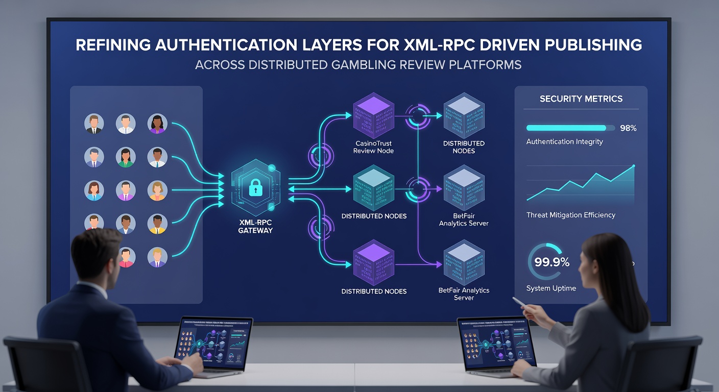 Flowchart depicting secure token exchange between distributed gambling review servers using XML-RPC protocols