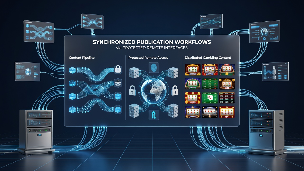 Diagram showing encrypted data flows between distributed casino review sites using protected interfaces