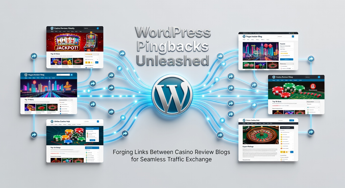 Diagram showing pingback workflow between two casino review blogs, highlighting traffic exchange arrows and XML-RPC pings